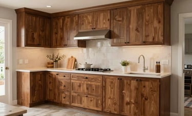 A wide shot of a beautiful, finished integrated kitchen being professionally installed in a bright home, showing soft brown cabinetry and elegant design, Hispanic / Latin American interior.