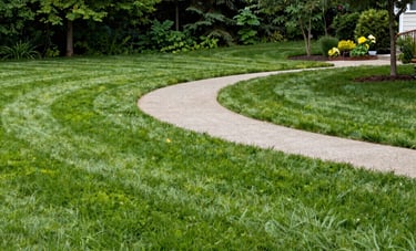 A vibrant photograph of a manicured residential lawn in Canada, featuring sharp edging and a clean pathway installation. The lush green grass contrasts beautifully with the forest green of the surrounding foliage.