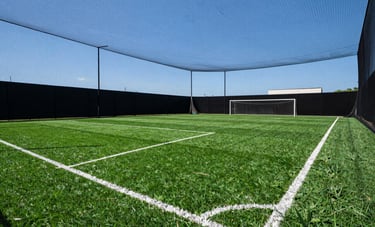 Wide photography of a professional synthetic grass football field in Brazil, enclosed with high-quality dark safety nets under a clear blue sky. Professional sports environment with clean lines.