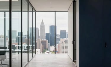 A minimalist architectural interior of a modern government office, featuring glass partitions and a wide view of a global city skyline. The composition suggests visionary strategy and stability. Colors include off-white and deep navy.