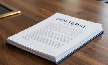 A focused shot of a professional boardroom table in a North American / International Business setting. A heavy oak surface holds a stack of policy reports. The lighting is serious and sophisticated, featuring brass and steel blue accents.