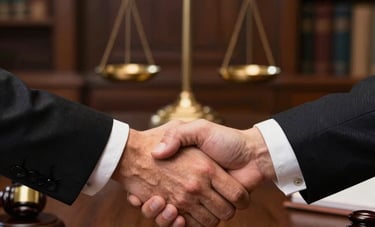 A firm handshake between two professionals over a dark wood desk in a Spanish-influenced law firm. The lighting is warm, highlighting the gold details of a nearby scales of justice statue. Reliable and professional atmosphere.