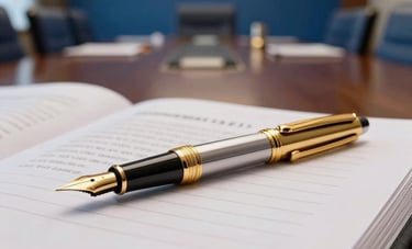Close-up of a high-end gold and steel fountain pen resting on a legal brief. In the blurred background, a sophisticated South American boardroom with Alice Blue walls and dark navy furniture creates an atmosphere of modern legal authority.