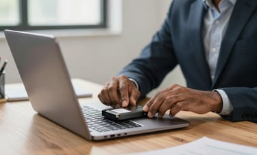 A clean, modern photography shot of a sleek laptop open on a wooden desk in a Thane office, with a South Asian professional installing a new storage drive. The light is natural and bright, emphasizing a trustworthy and efficient service environment.