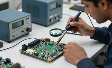 A professional wide-angle shot of a South Asian technician's hands using a soldering iron and a magnifying glass on a complex laptop motherboard. The workspace is organized, featuring muted blue equipment and soft white ambient lighting, conveying technical expertise.