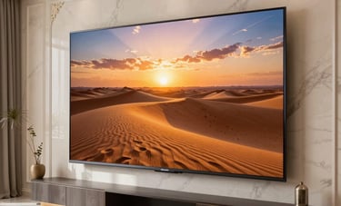 A beautifully restored large Smart TV wall-mounted in a luxurious, modern Al Nahda, Dubai living room. The TV displays a vibrant, high-definition image of a desert sunset, showcasing perfect repair quality. The room is styled with elegant Middle Eastern / Gulf decor.