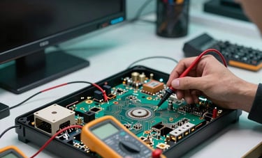 A focused shot of internal TV components and circuitry being tested with a multimeter in a modern repair facility. The setting is a professional workshop in the Middle Eastern / Gulf region. Dark navy and aqua lighting accents create a high-tech, trustworthy atmosphere.