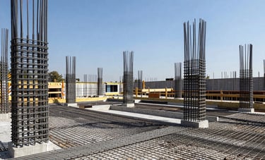 A professional wide-angle architectural photograph of a modern residential construction site in Guadalajara, Mexico. The image captures an intricate grid of grey steel reinforcement bars before the concrete pour, showcasing structural symmetry and order. The background shows a clear blue sky. Bright, high-contrast lighting emphasizing safety and technical efficiency.