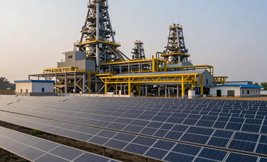 A dramatic photography shot of a large industrial factory complex in Uttar Pradesh, India, with a vast ground-mounted solar farm in the foreground. The style is professional and innovative, with a soft morning light highlighting the solar yellow framework.