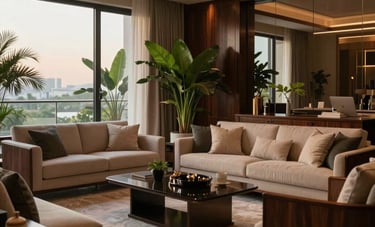 Luxury South Asian penthouse living room, elegant dark wood accents, large potted green plants, and warm evening lighting creating a trustworthy and sophisticated ambiance.