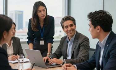 Professional South American colleagues collaborating in a bright, modern glass-walled conference room, with a blurred cityscape in the background, expressing motivation and teamwork.