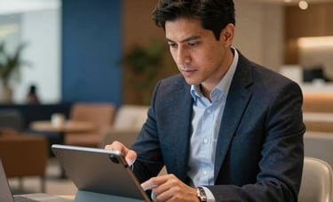 A sophisticated South American entrepreneur reviewing a digital marketing strategy on a tablet in a high-end, contemporary corporate lounge with warm lighting and blue accent decor.