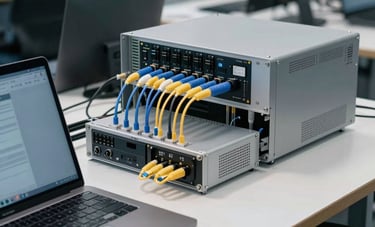 Photography of an organized, modern workspace in a North American / US office, showing a laptop and fiber optic equipment with a soft blue and steel grey aesthetic.