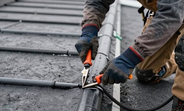 Professional photography of a roofing technician in the United States using specialized tools to repair a seam on a flat EPDM roof. The focus is on the precision of the repair work, with industrial safety gear and modern roofing equipment visible.