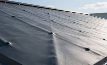 A detailed photography shot of a finished, sleek dark gray rubber roof on a modern building in Toms River, New Jersey. The surface is perfectly waterproofed, reflecting a subtle sheen under a clear blue sky, showing high-end technical durability.