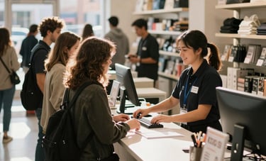 A bustling urban North American retail store on a Saturday afternoon. Natural sunlight pouring in, customers at the counter being helped by a friendly, efficient employee. Professional photography with an entrepreneurial, clean vibe.