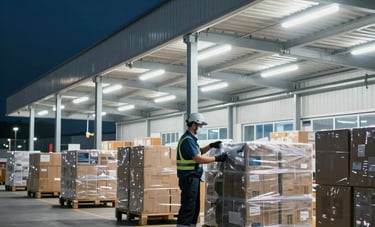 A crisp, nighttime shot of a modern European logistics center. A worker in clean professional gear is organizing cargo under bright warehouse lights. Sharp lines, industrial but modern, emphasizing 24/7 reliability.