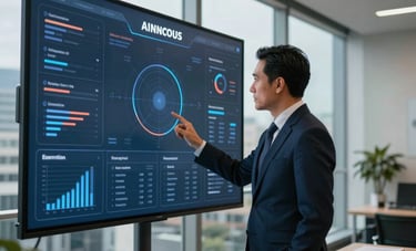 A sophisticated Mexican executive in professional attire looking at an AI-driven predictive dashboard on a large glass screen in a modern high-rise office, warm light blue lighting.