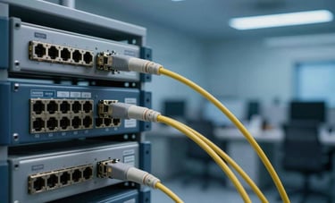 Close-up of high-speed fiber optic cables and carrier-grade networking equipment in a sleek industrial office in a South American business hub, medium blue and dark blue ambient light.