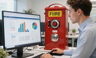 A modern, well-lit office interior in Bratislava. A professional is reviewing fire protection equipment and data charts on a computer screen. The environment is clean and organized, representing IT services, accounting, and marketing expertise.