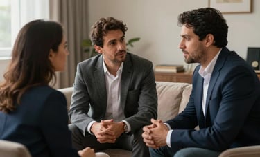 Um corretor de imóveis brasileiro profissional conversando amigavelmente com um casal em uma sala de estar elegante em Sumaré, iluminação aconchegante, estilo profissional e sofisticado.