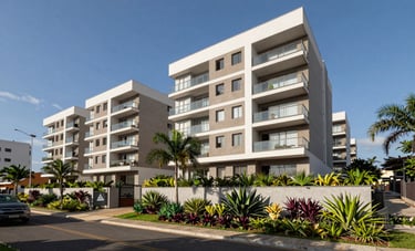 Fotografia arquitetônica de um novo empreendimento residencial em Paulínia, linhas modernas, céu azul claro, paisagismo com plantas brasileiras e cores verde escuras.