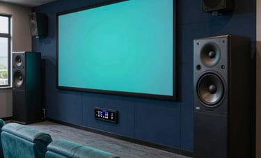 A luxury modern home theater or boardroom in a North American / US residence, featuring high-fidelity sound speakers and integrated smart controls, sleek teal and dark navy accents.
