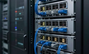 High-end network server rack with organized blue-grey cabling and glowing indicators in a sterile, modern North American data center, sharp focus, professional industrial photography.