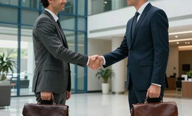 Photography of two business partners in a modern corporate lobby in South American Brazil, shaking hands. One is carrying a sleek leather briefcase. The architectural background features steel blue glass and polished white floors.