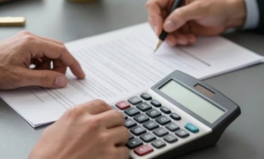 Close-up photography of a professional's hands using a high-end calculator and signing documents in a Brazilian office. Slate gray and gold desk accessories sit on the desk. The lighting is sharp, emphasizing precision and trust.