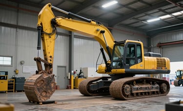 A well-lit maintenance facility in a Middle Eastern / Gulf industrial zone with a heavy-duty excavator on a low-bed trailer, showcasing reliability and professional logistics service.