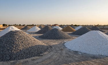 Large-scale aggregate supply yard in the Middle Eastern / Gulf Region, showing organized piles of grey sub-base and white landscaping stone, professional industrial composition, clear sky, gold-tinted sunlight.