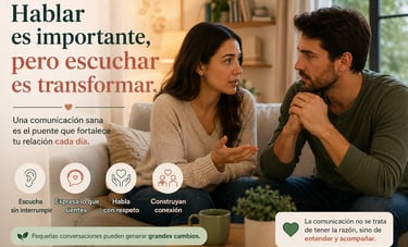 Una joven pareja en la sala de estar practicando una comunicación sana en la relación y la escucha a