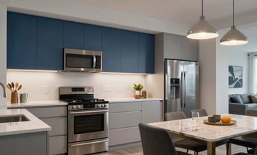 Photography of a sleek, modern kitchen and dining area in a North American / US luxury apartment. Features light gray cabinetry, steel blue accents, and high-end stainless steel appliances under warm pendant lighting.