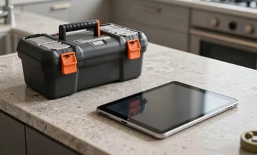 Clean, professional photography of a modern maintenance toolkit and a digital tablet on a stone countertop. North American / US apartment setting. Soft, natural lighting, emphasizing efficiency and professional service.