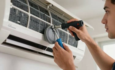 Detailed shot of a professional technician cleaning the filters of a split air conditioner, using professional tools, clean South American home interior background.