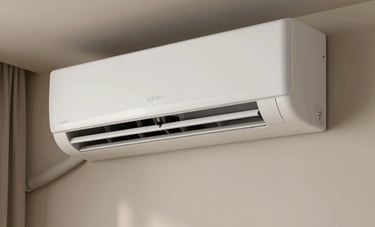 A sleek, modern white air conditioning unit mounted high on a stylish wall in a contemporary Brazilian apartment, soft cinematic lighting, showcasing modern technology.