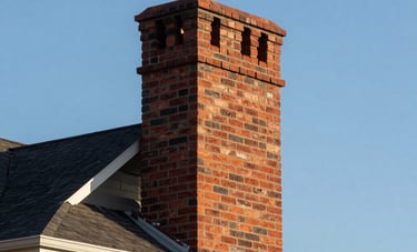 A view of a newly constructed red brick chimney on the roof of a high-end suburban North American home. The brickwork is clean and professional, silhouetted against a clear blue sky. Wide-angle architectural photography style.