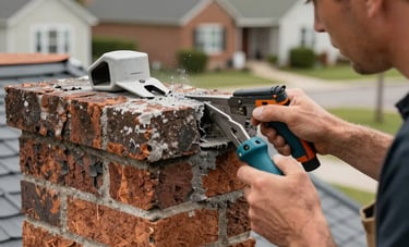 A close-up shot of a skilled mason tuckpointing a weathered brick chimney exterior. The craftsman is using professional tools on a residential roof in a North American neighborhood. Focused, detailed photography showing texture and quality.