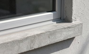 A crisp architectural photo of a newly installed concrete window sill on a residential building in Daytona Beach, Florida. The silver-grey cement is smooth and perfectly finished. Bright mid-day sun.