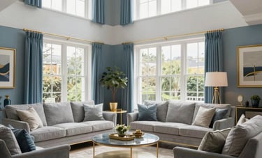 A beautifully renovated modern British living room with high ceilings, elegant furniture, and soft blue and gold decor. Large windows let in bright daylight. The scene conveys comfort, achievement, and home improvement success in a Northern European / British home.
