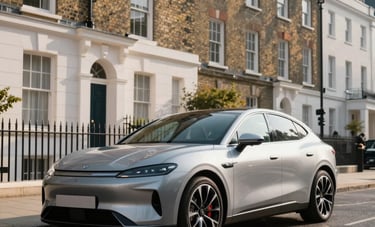 A sleek, modern silver car parked on a clean, upscale residential street in London. The architecture in the background is traditional British brickwork. The lighting is bright morning sun, creating a crisp and high-end feel in a Northern European / British setting.