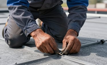 Close-up of a skilled worker in North American / US work clothes repairing a seam on a gray flat roof. The focus is on the precision and quality of the repair work, highlighting the blue and dark gray brand palette under clear daylight.