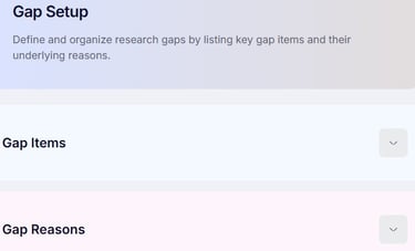Screenshot of a gap setup interface for organizing research gap items and underlying reasons.