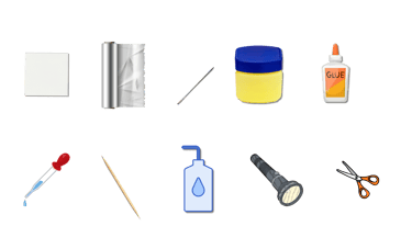 a variety of items that include a bottle of liquid