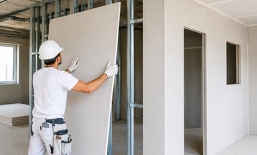 Installation de plaques de plâtre (placo) par un professionnel pour la création de cloisons et plafo
