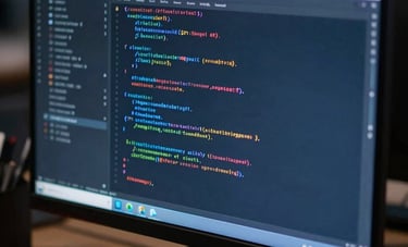 A close-up of a high-end workstation in a professional Sydney studio, showing clean software code and security protocols on a sleek monitor. The atmosphere is sophisticated with dark navy and bright blue accents, conveying precision.