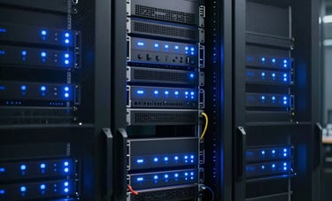 Sleek, modern server racks in a temperature-controlled data center with blue LED indicators glowing in the dark. The composition is clean and professional, focusing on high-technology and reliability in an Australian facility.