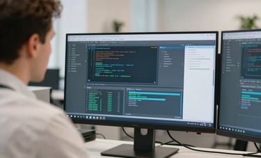 A professional technician in a modern, brightly lit office in Tallinn, focused on a high-resolution monitor showing secure data streams. The aesthetic is clean and efficient, utilizing off-white and muted blue colors to instill trust and professional confidence.