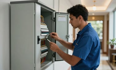 A professional maintenance technician inspecting a modern electrical panel in a clean, well-lit corridor of a premium South American residential building. The scene conveys reliability and technical expertise. Soft natural lighting with muted blue and gold interior details.